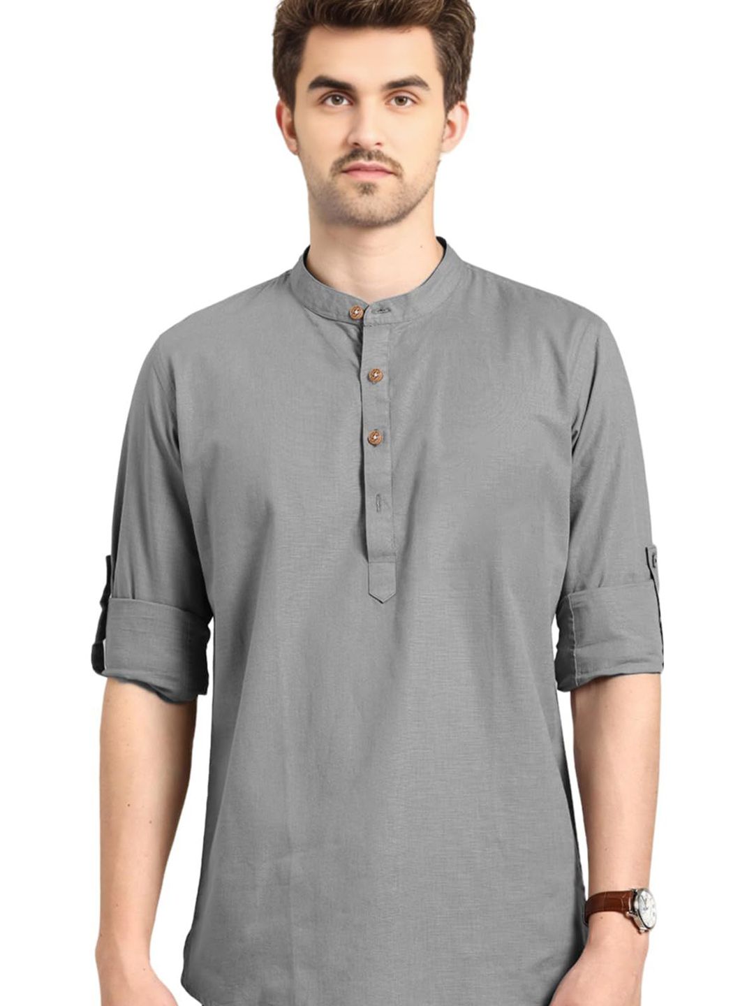 Go Stylish Band Collar Roll-Up Sleeves Straight Kurta