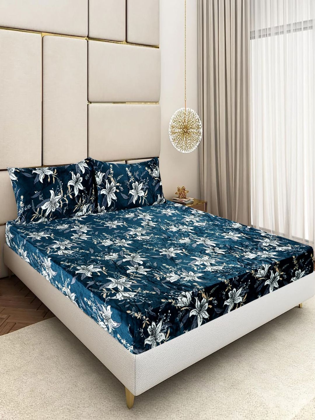 BLUEDOT Blue 300 TC Woolen King Size Fitted Double Bedsheet & 2 Pillow Covers