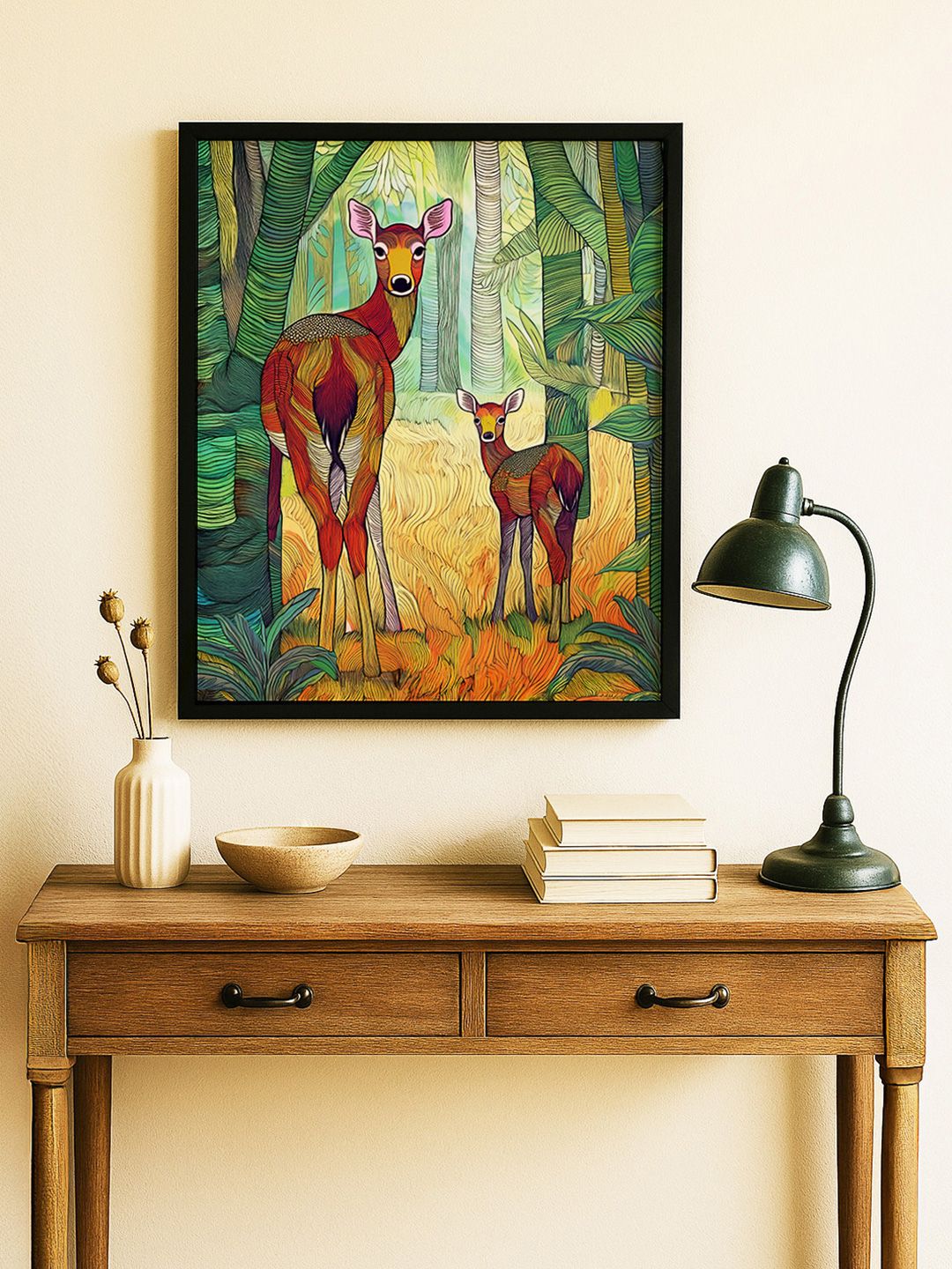 Sassyco Green & Brown Canvas Birds And Animals Wall Paintings
