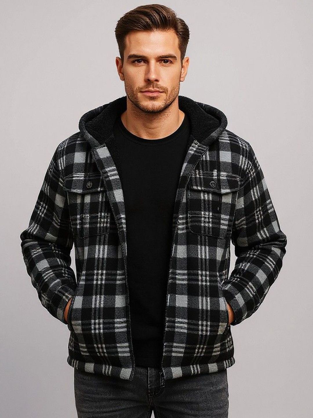 Mast & Harbour Men Hooded Checked Tailored Jacket