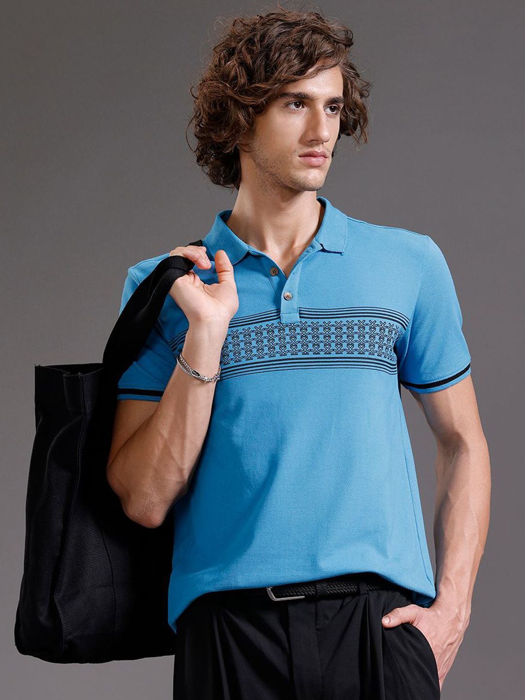 WROGN Geometric Printed Polo Collar Slim Fit Cotton T-shirt