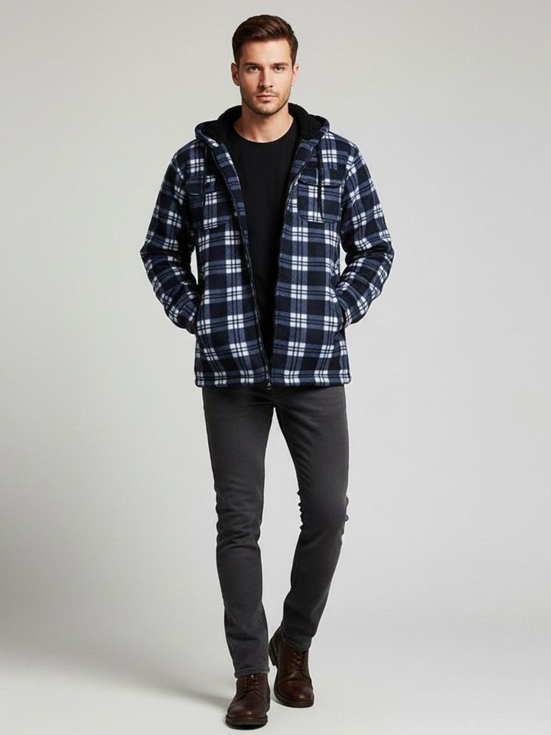 Mast & Harbour Men Hooded Checked Tailored Jacket