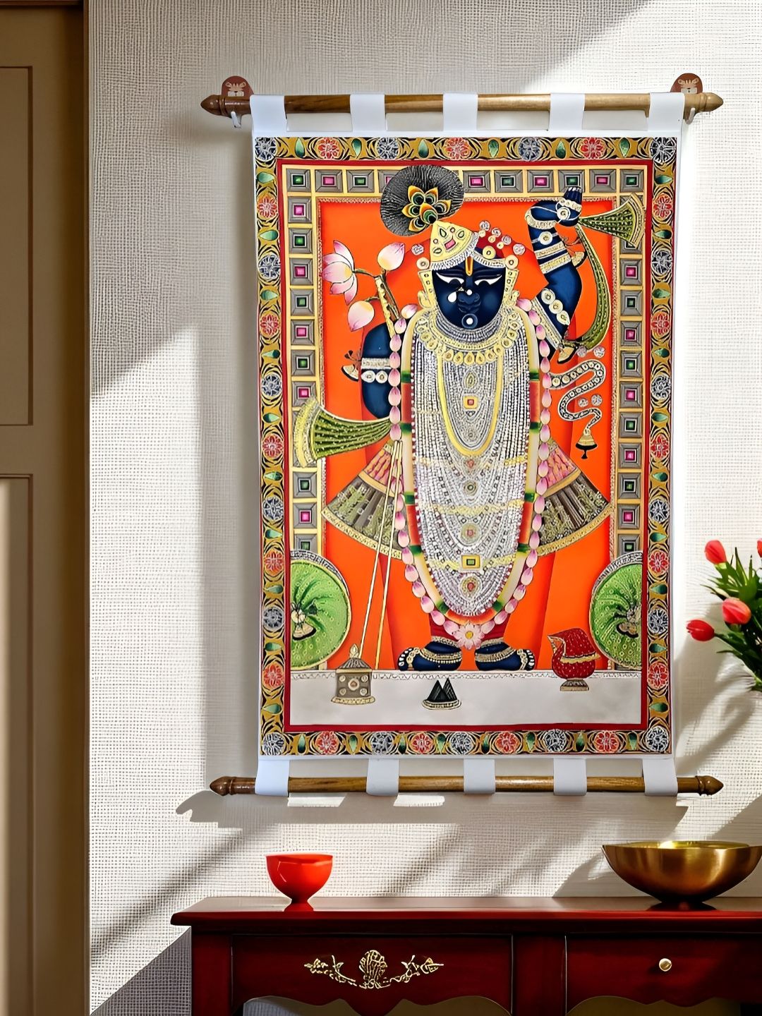 Tushaco Handicrafts Tushaco Handicrafts Orange & White Shrinathji Pichwai Canvas Religious Wall Art