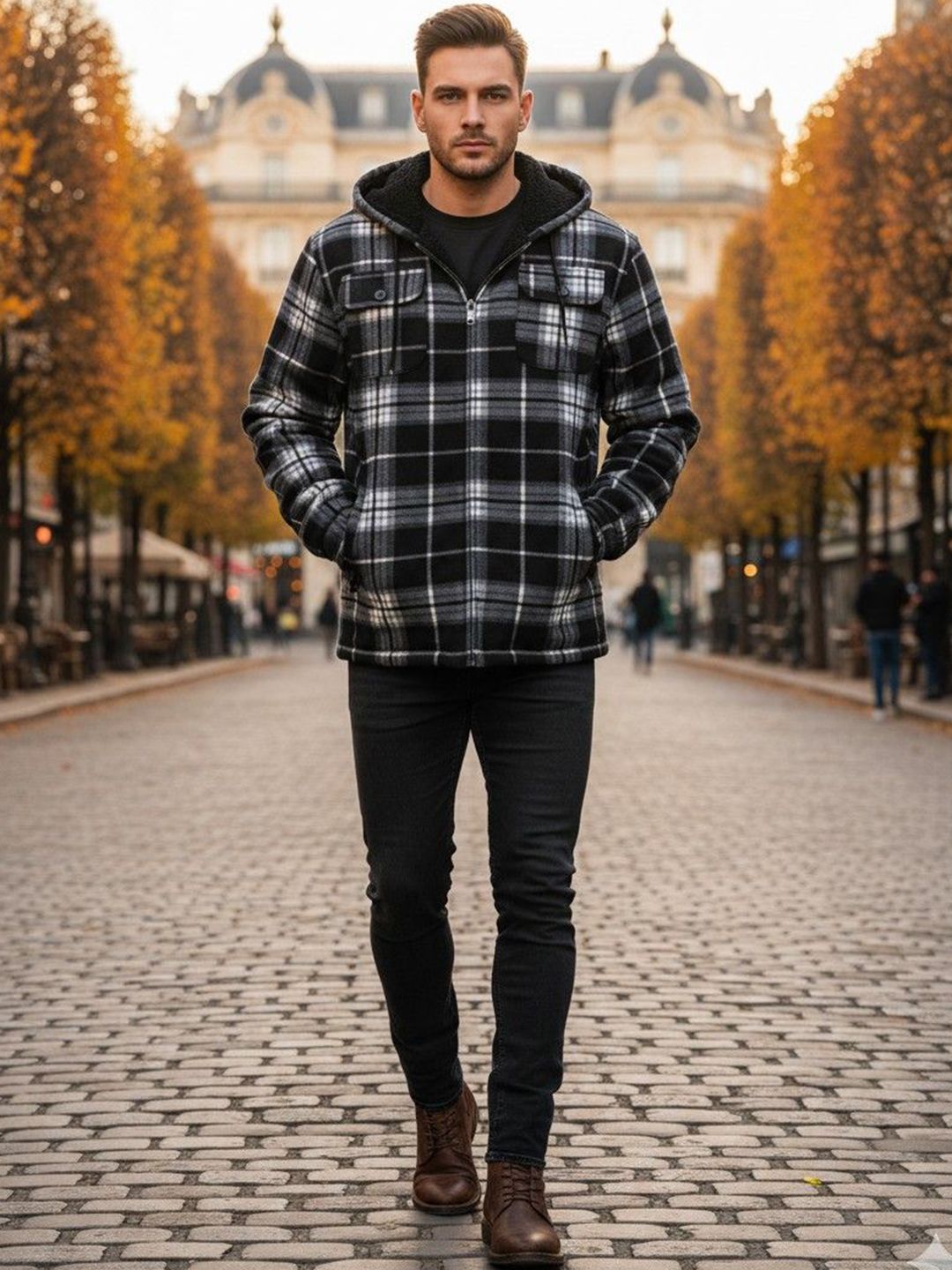 Mast & Harbour Checked Hooded Long Sleeves  Woollen Padded Jacket