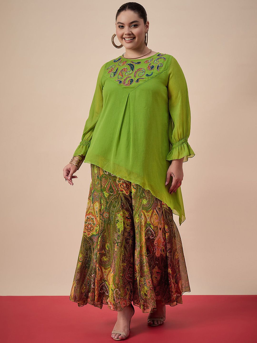 Antheaa Curve Plus Size Round Neck Embellished Tunic With Palazzos