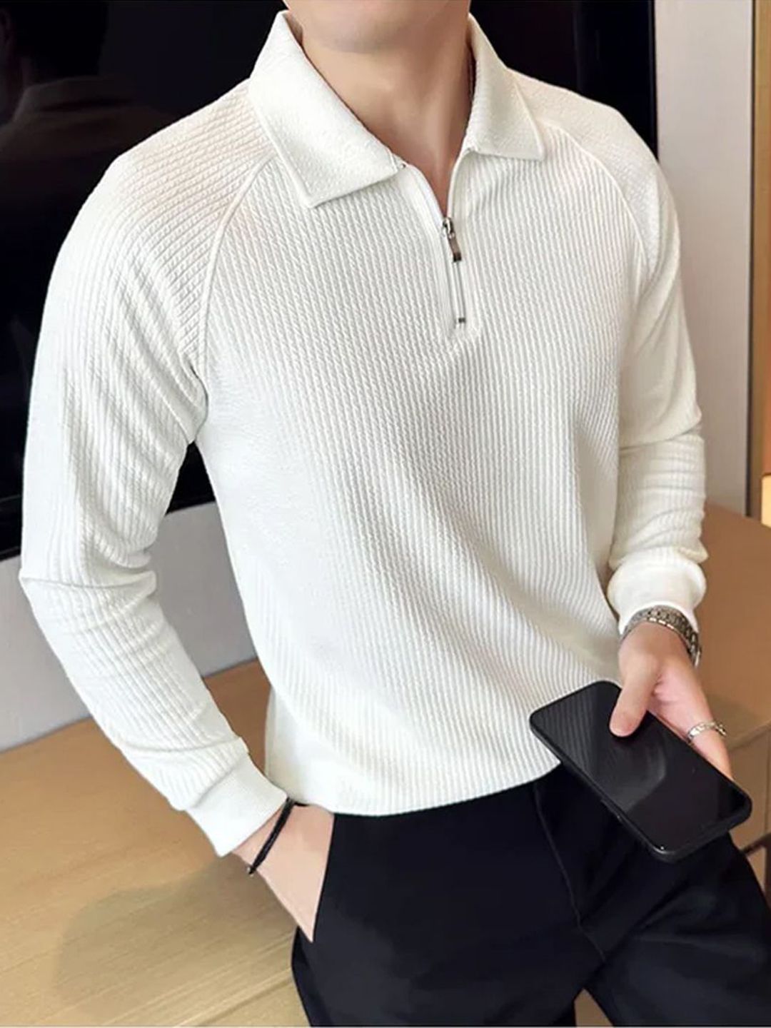 madfrog Self Design Long Sleeves Polo Collar Regular Fit T-shirt
