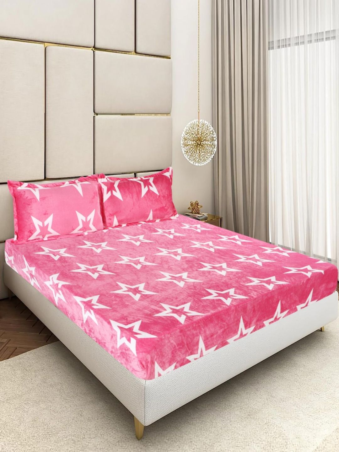 BLUEDOT Pink & White Geometric Printed 300 TC Woollen King Bedsheet Set 1.98 m x 1.82 m