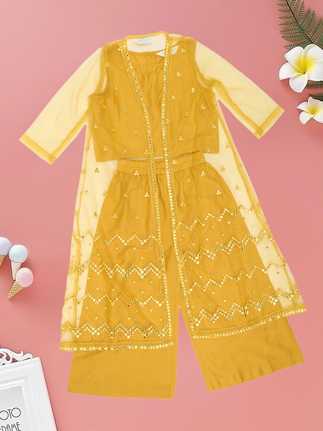 AKKRITI BY PANTALOONS Girls Mirror Work Top & Palazzos