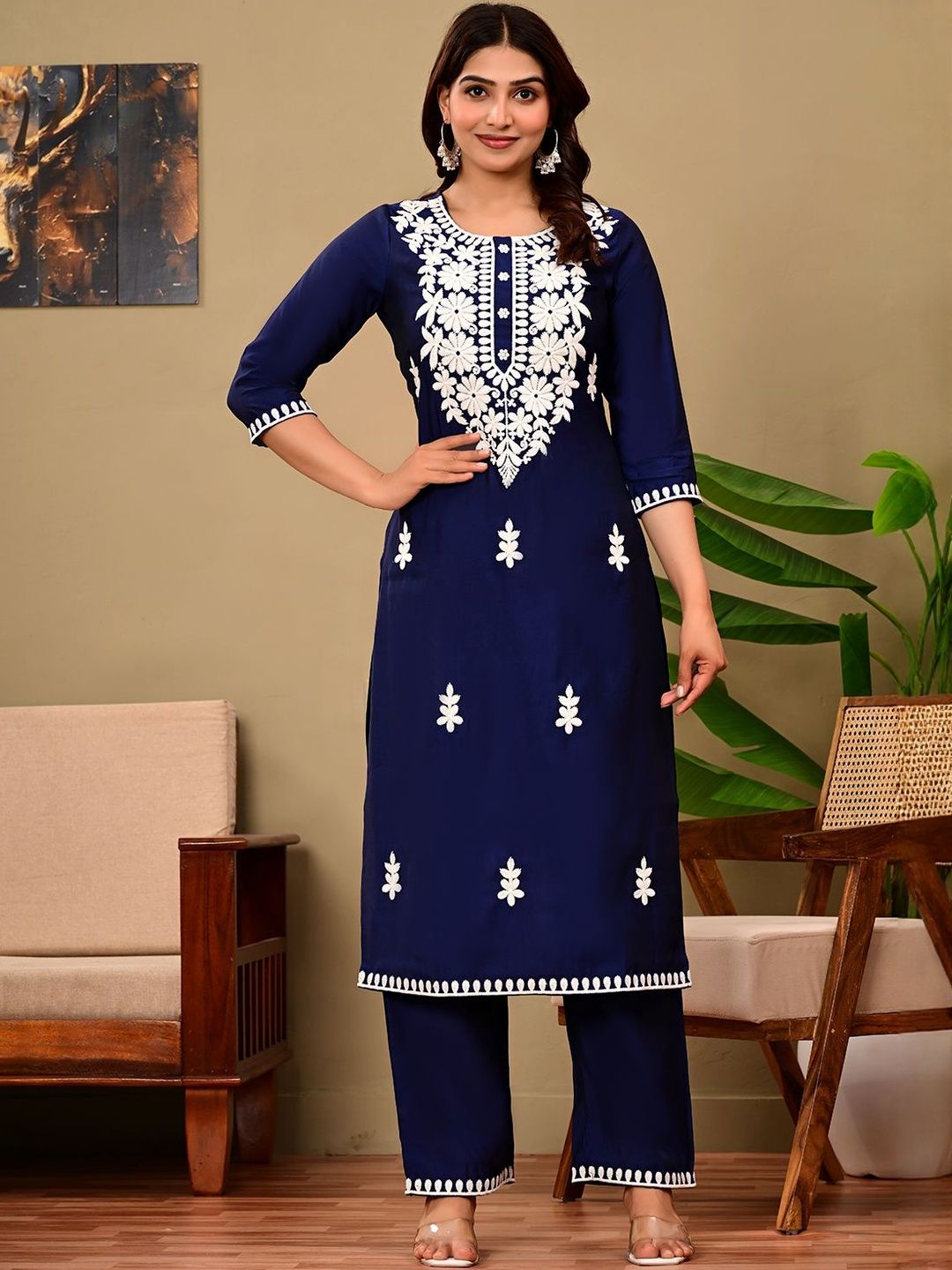 ELVISH JAIPUR Ethnic Motifs Embroidered Thread Work Straight Kurta With Trousers