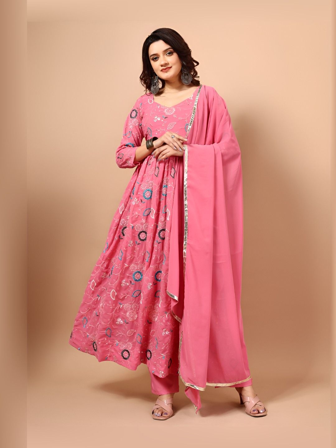 GLOSIA DESIGN Women Floral Embroidered Anarkali Kurta with Trousers & Dupatta