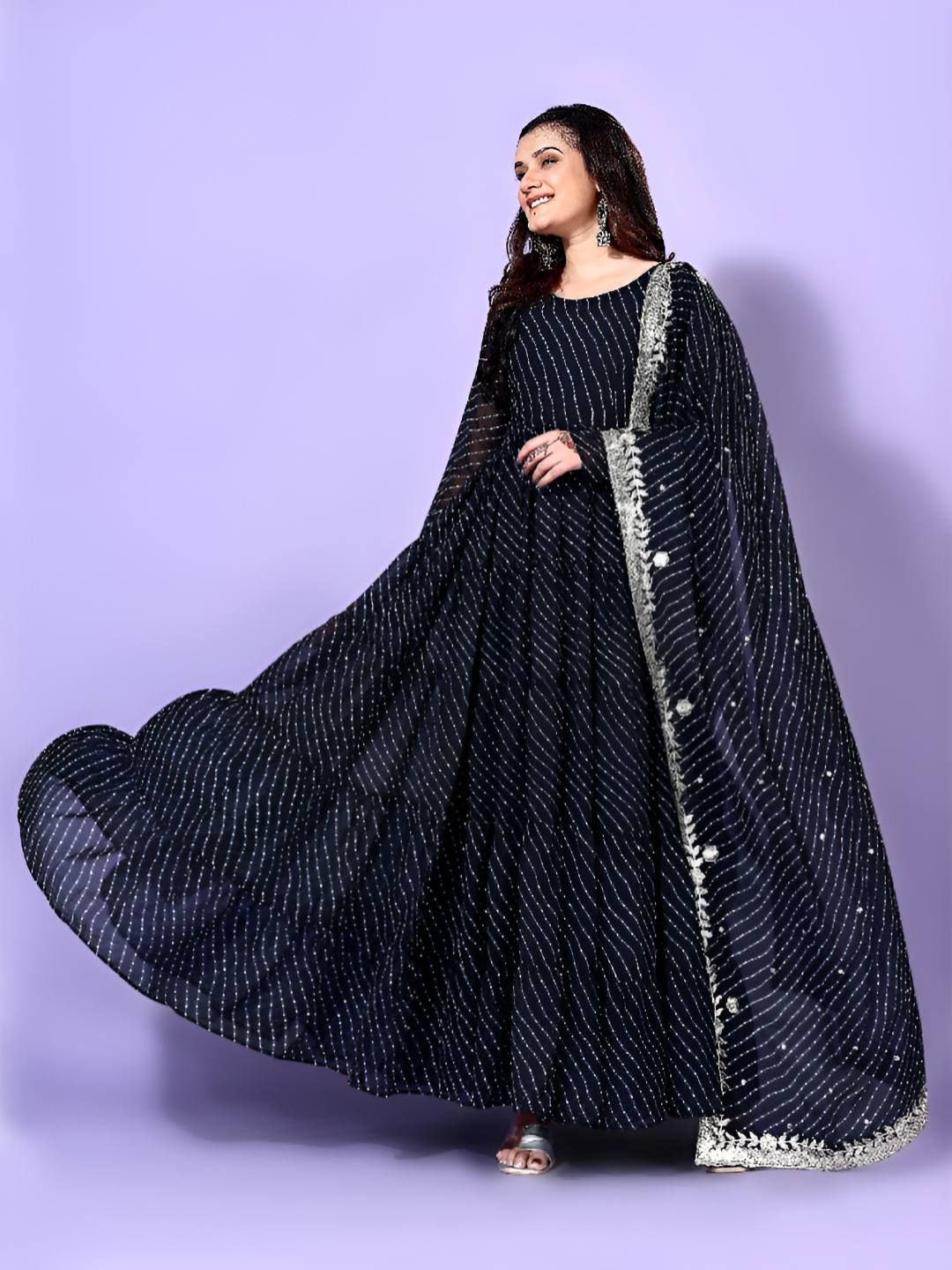 GLOSIA DESIGN Striped Long Sleeves Empire Anarkali Kurta With Pyjamas & Dupatta