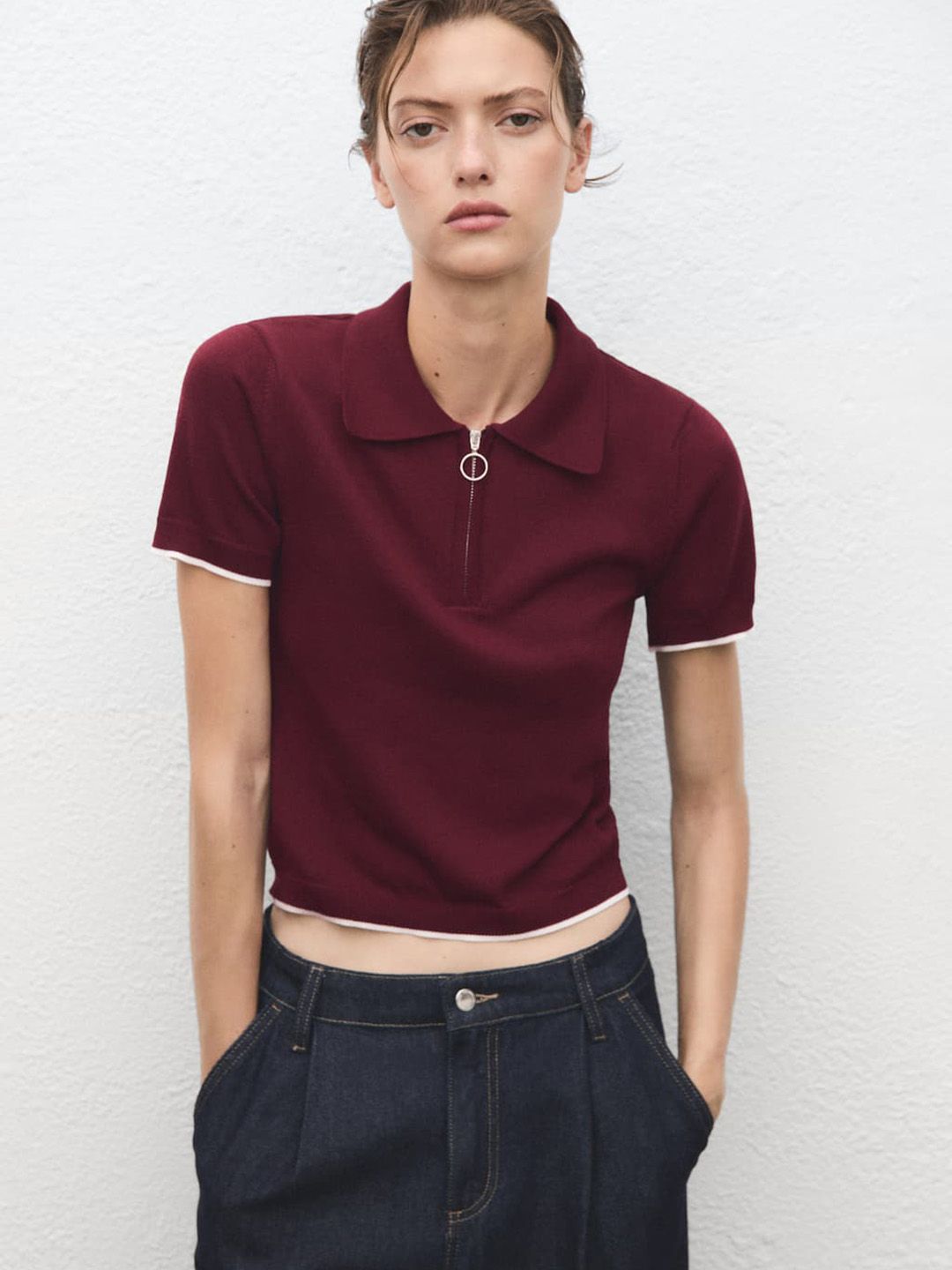 Polo Collar Contrast Trims Knitted T-shirt