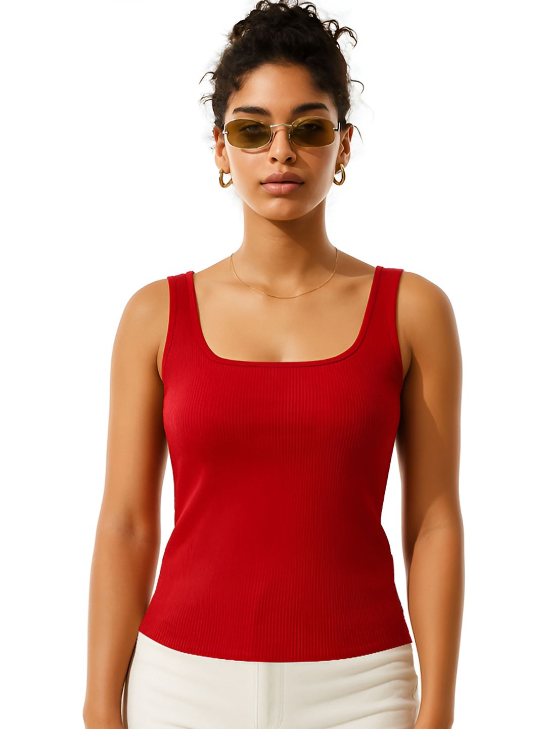 KAFFE Kaffe Women's Tank Top Scoop Neck Lace Rib Jersey Slim Fit Hip