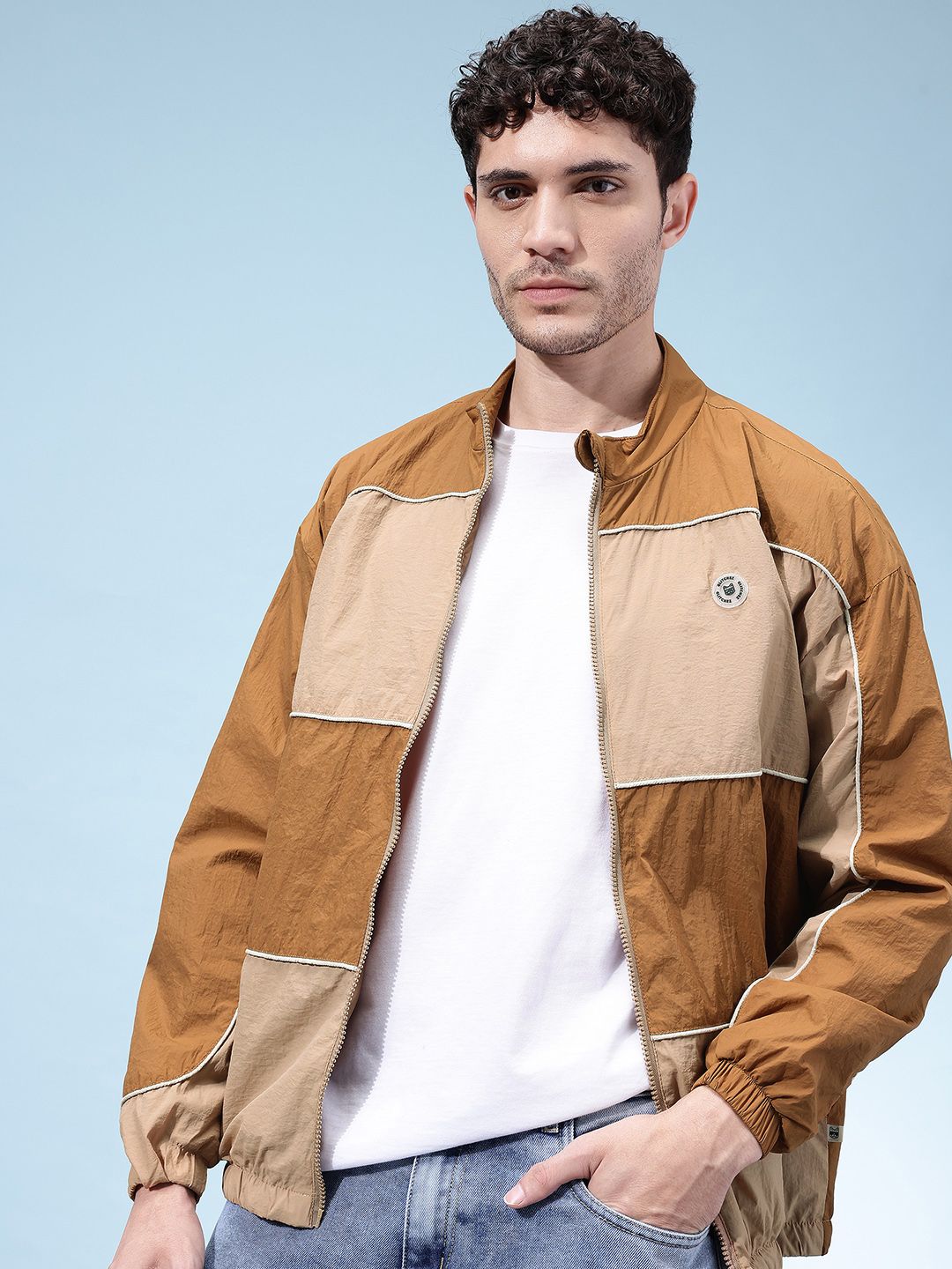 glitchez Mock Collar Paneled Relaxed Windcheater Jacket