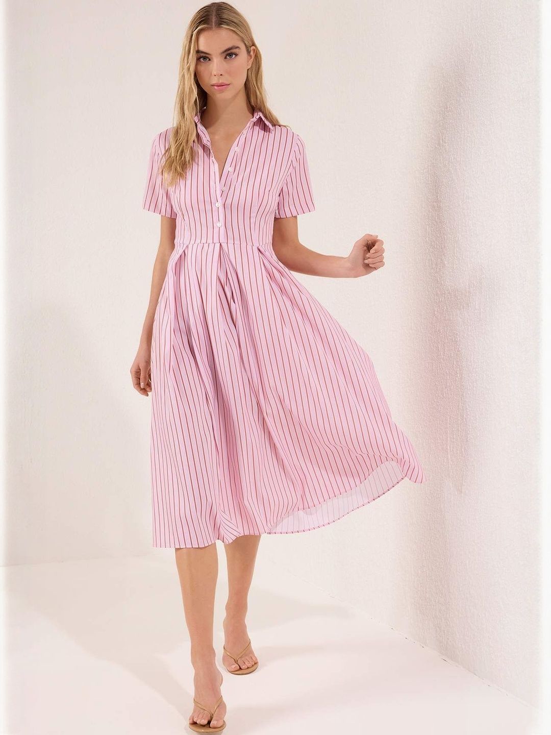 Trendyol Women Shirt Collar Striped Fit and Flare Midi Dress