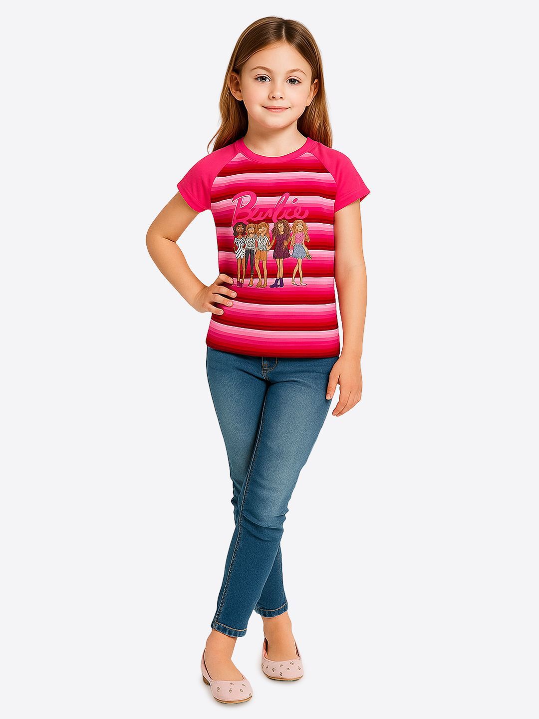 CUTECUMBER Girls Striped Graphic Printed Raglan Sleeves Top