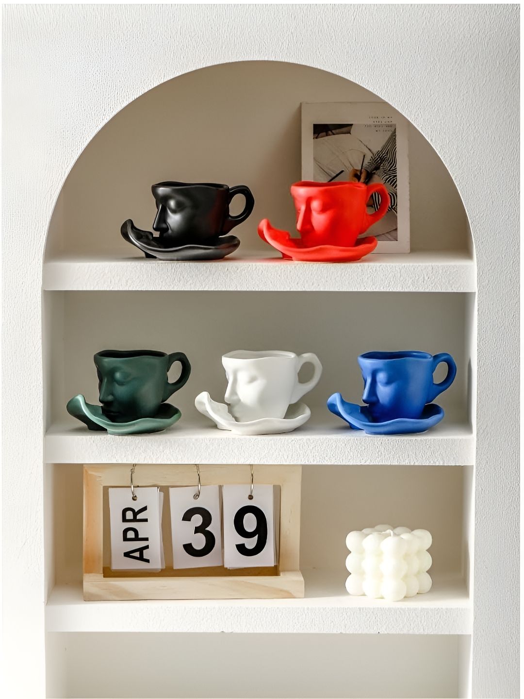 NOSCOMP Blue 2 Pieces Face Textured Ceramic Cups And Saucers 100ml Each