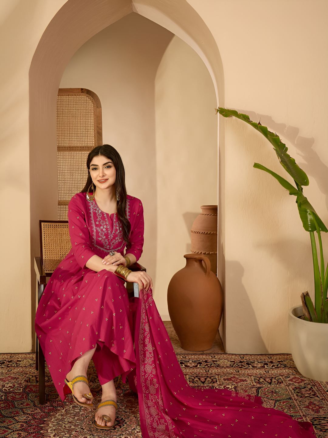 GULMOHAR JAIPUR GULMOHAR JAIPUR Women Ethnic Motifs Embroidered Empire Thread Work Pure Cotton Kurta with Trousers & With
