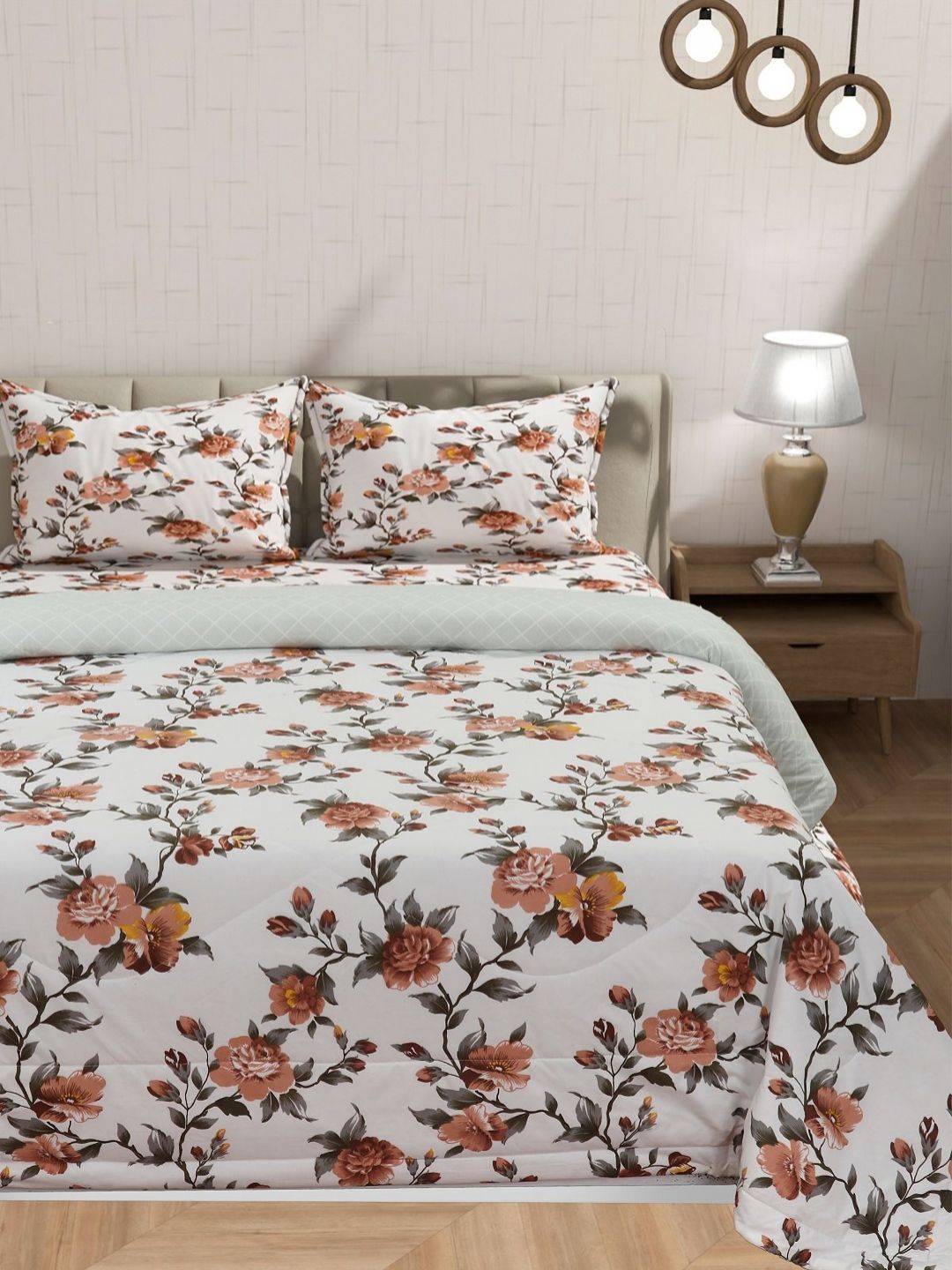 Florida Cream-Coloured & Brown 4 Pieces Floral Double Queen Superfine Bedding Set