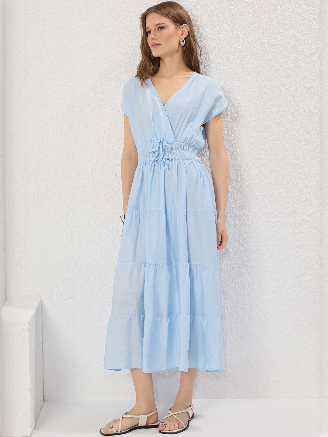 Trendyol Women V Neck Smocked Tiered Fit and Flare  Midi Dress