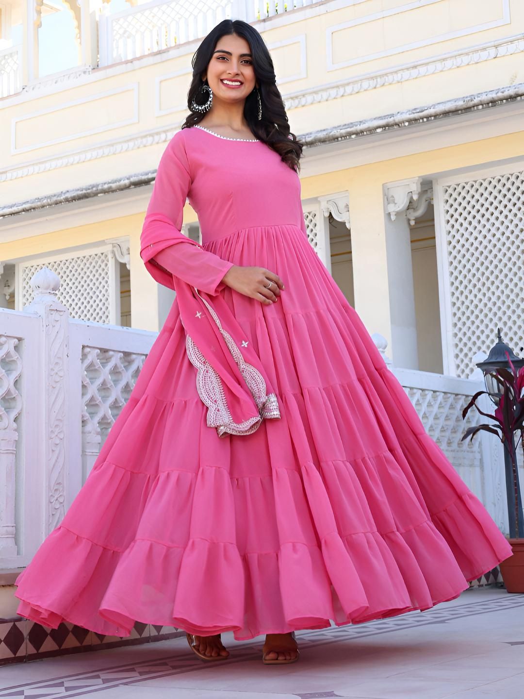 GLOSIA DESIGN Women Solid Anarkali Kurta with Trousers & Dupatta
