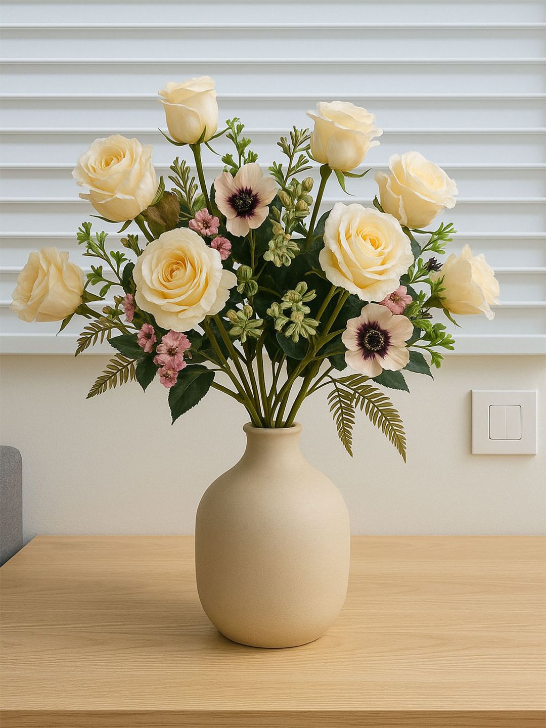 ARTSY ARTSY Cream Green 2 Pieces Artificial Rose Flowers Bunch