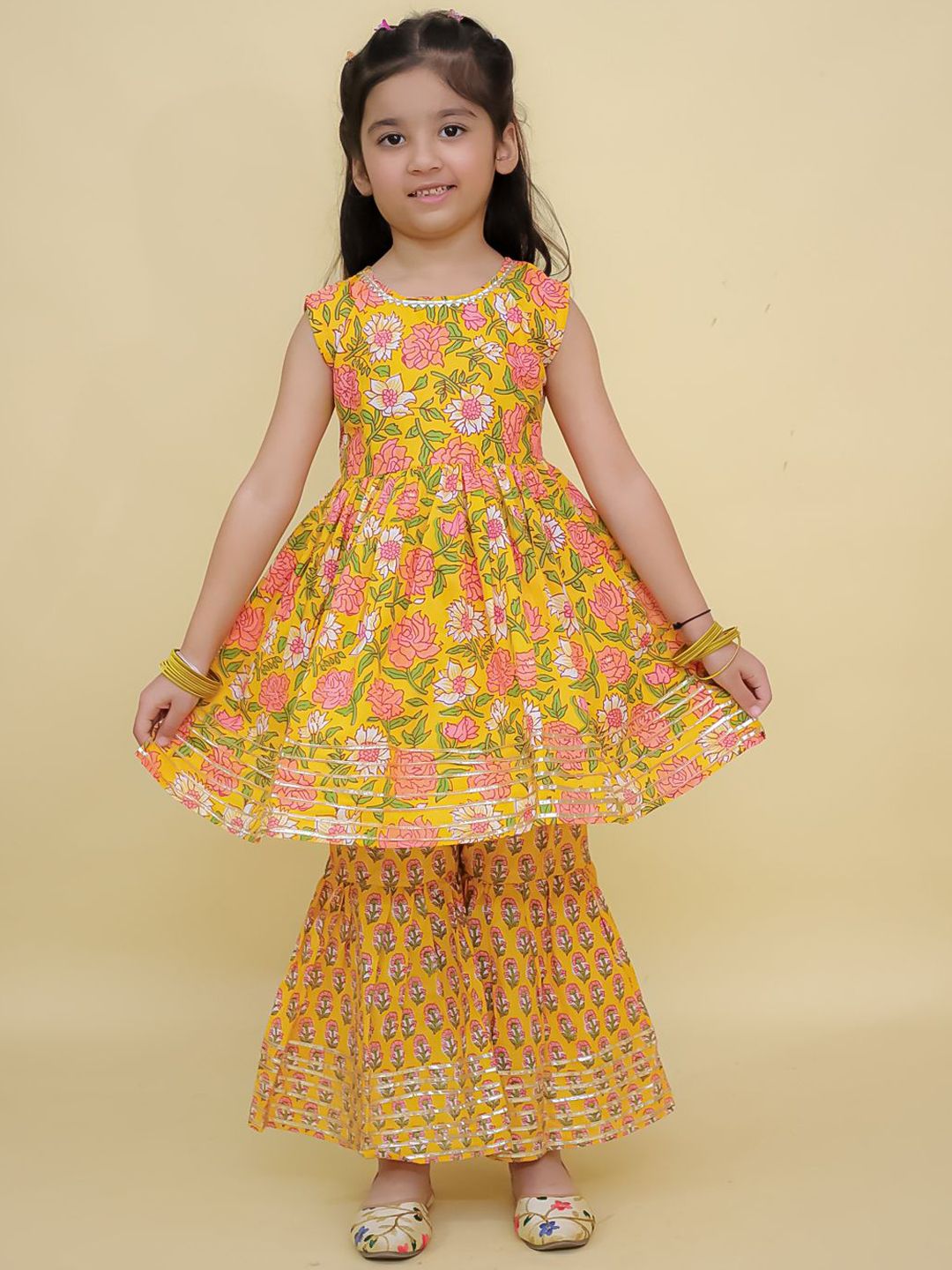 The Mom Store Girls Floral Printed Regular Pure Cotton Anarkali Kurta with Sharara