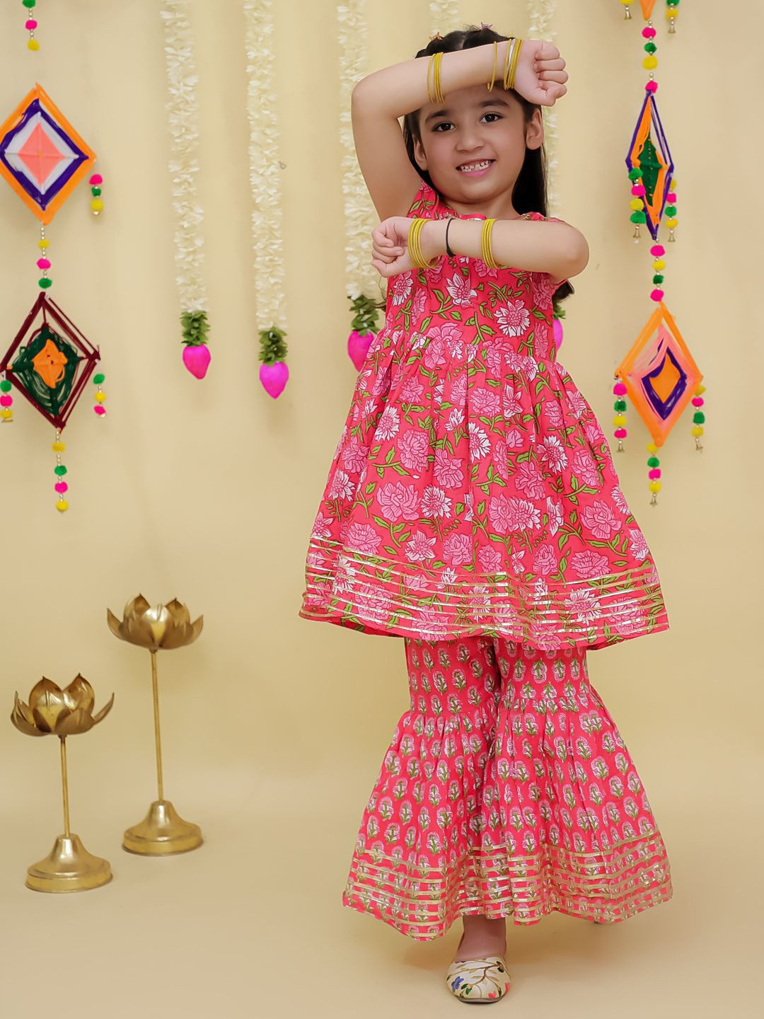 The Mom Store Girls Floral Printed Angrakha Pure Cotton Kurta with Sharara