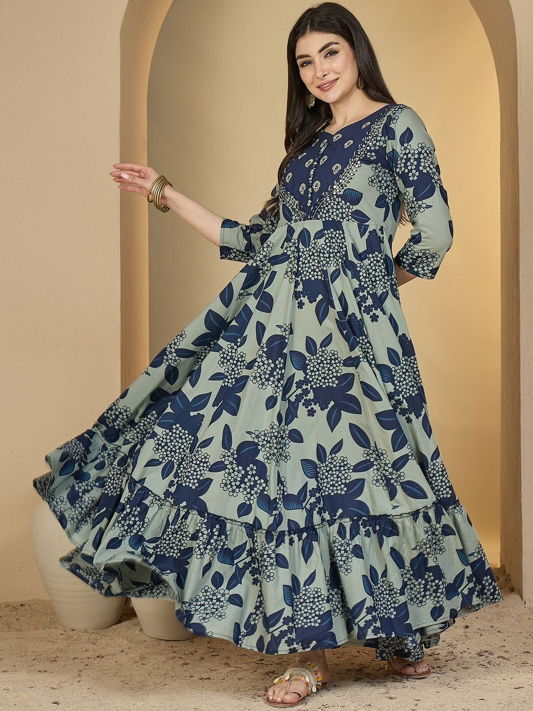 Sangria Women Blue & Green Floral Printed Mirror Work Cotton Anarkali Kurta