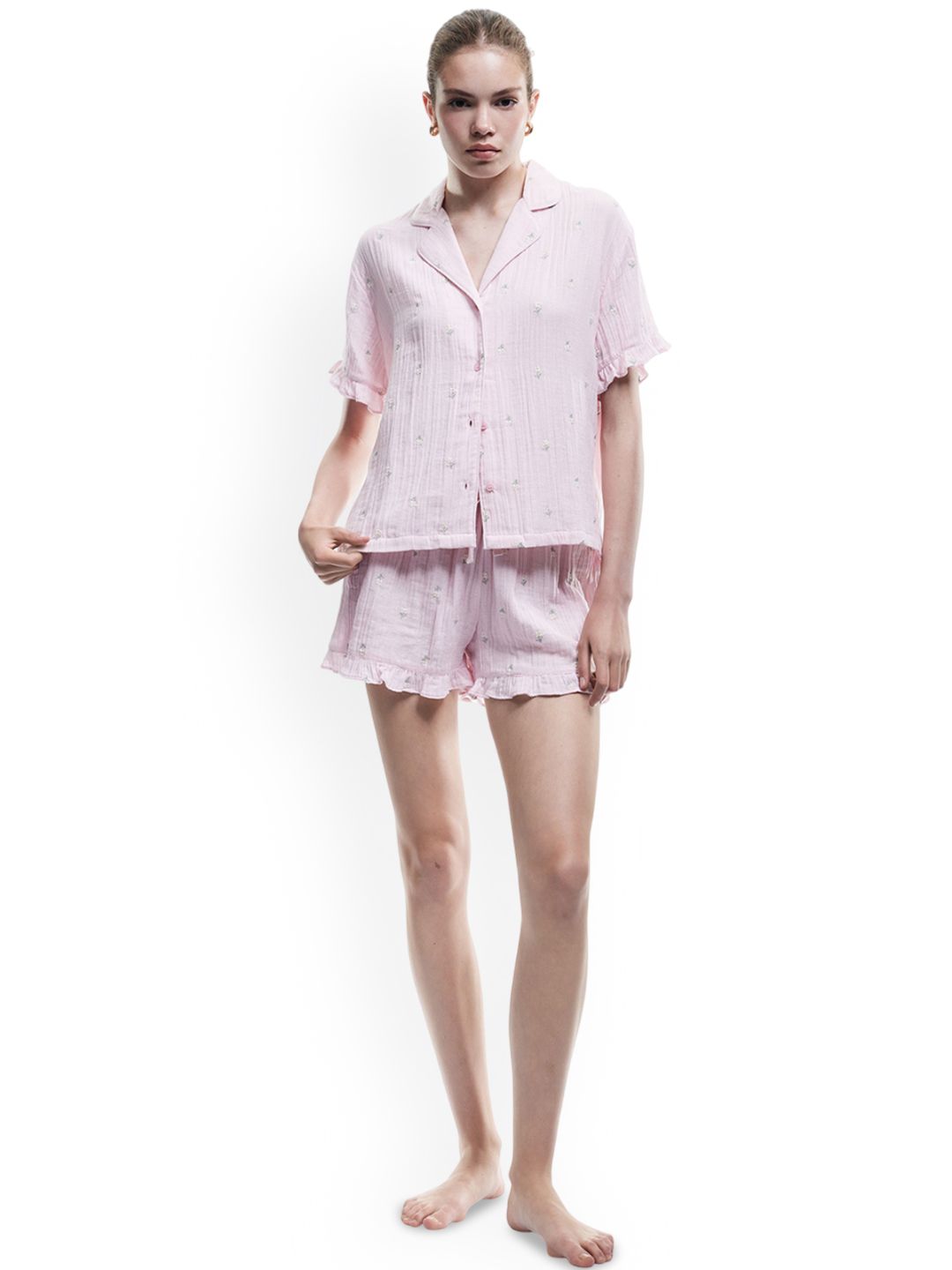 Koton Striped Printed Shirt Collar Shirt & Shorts Night Suit