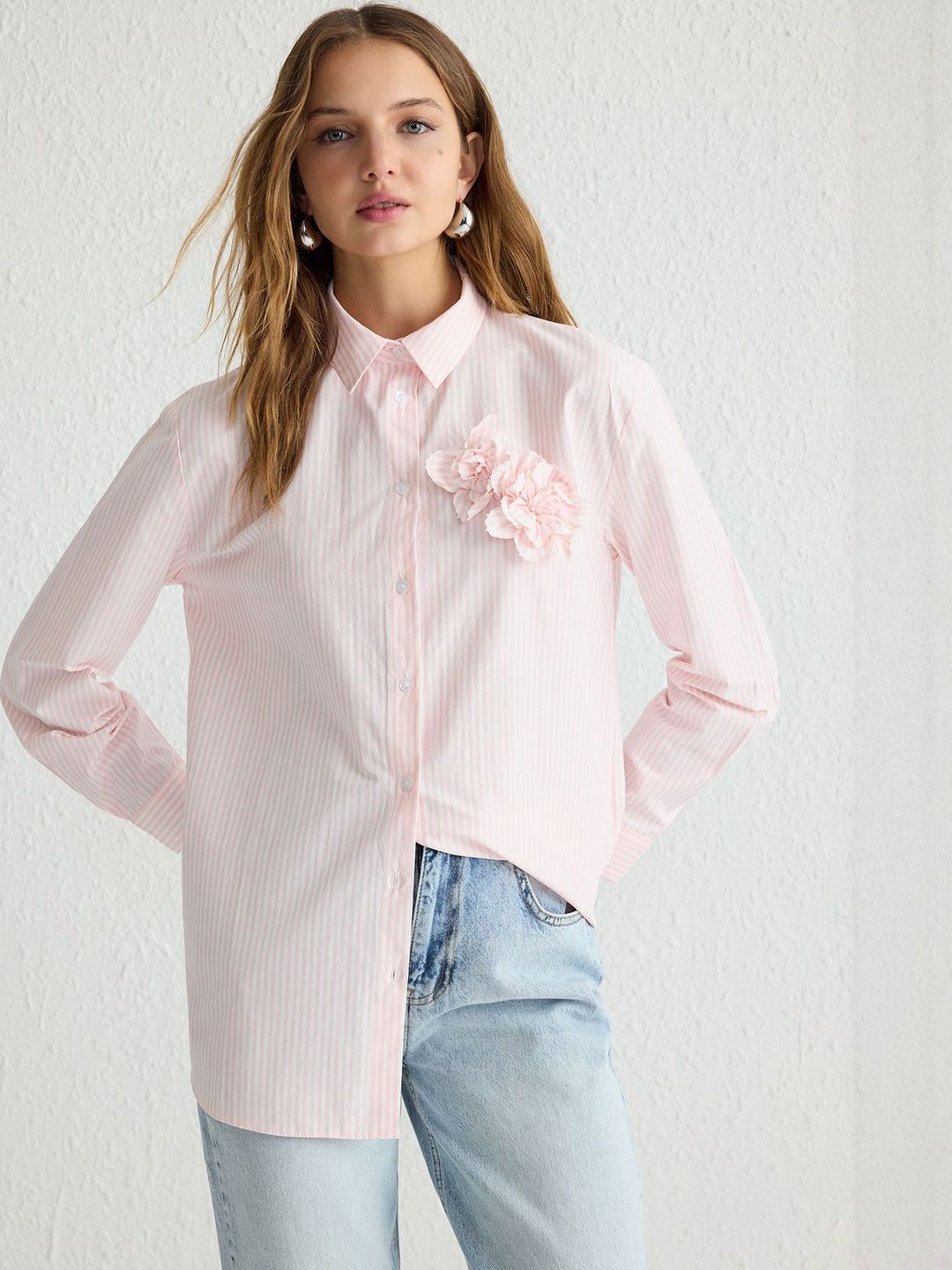 Trendyol Women Relaxed Fit Vertical Striped Spread Collar Casual Shirt