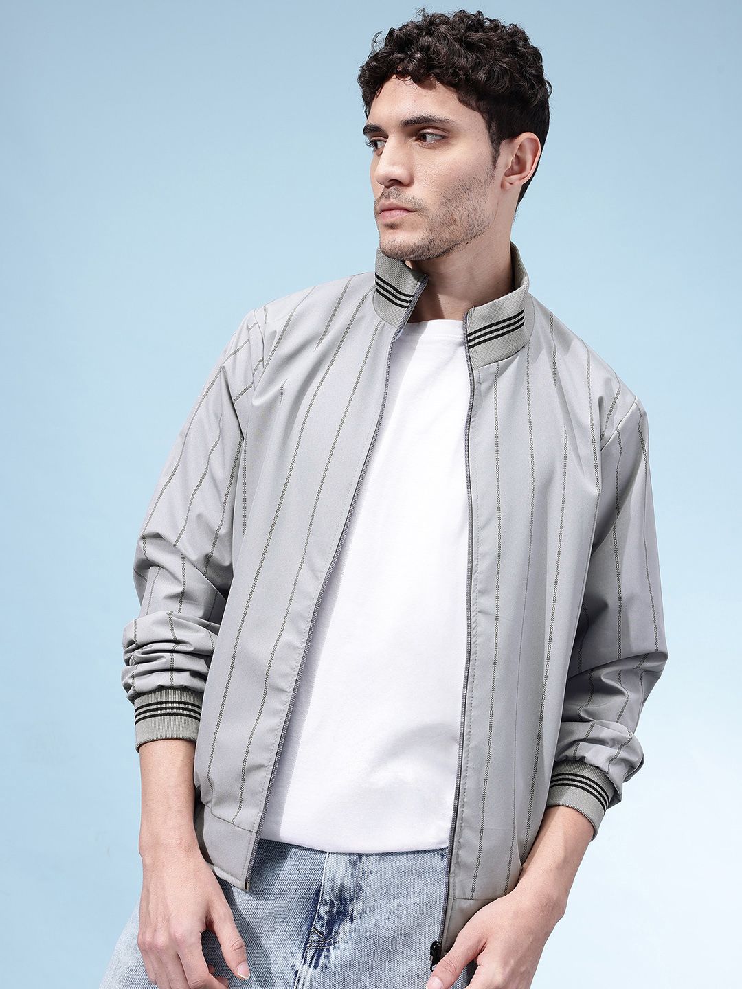 SZN Vertically Striped Mock Collar Windcheater Bomber Jacket