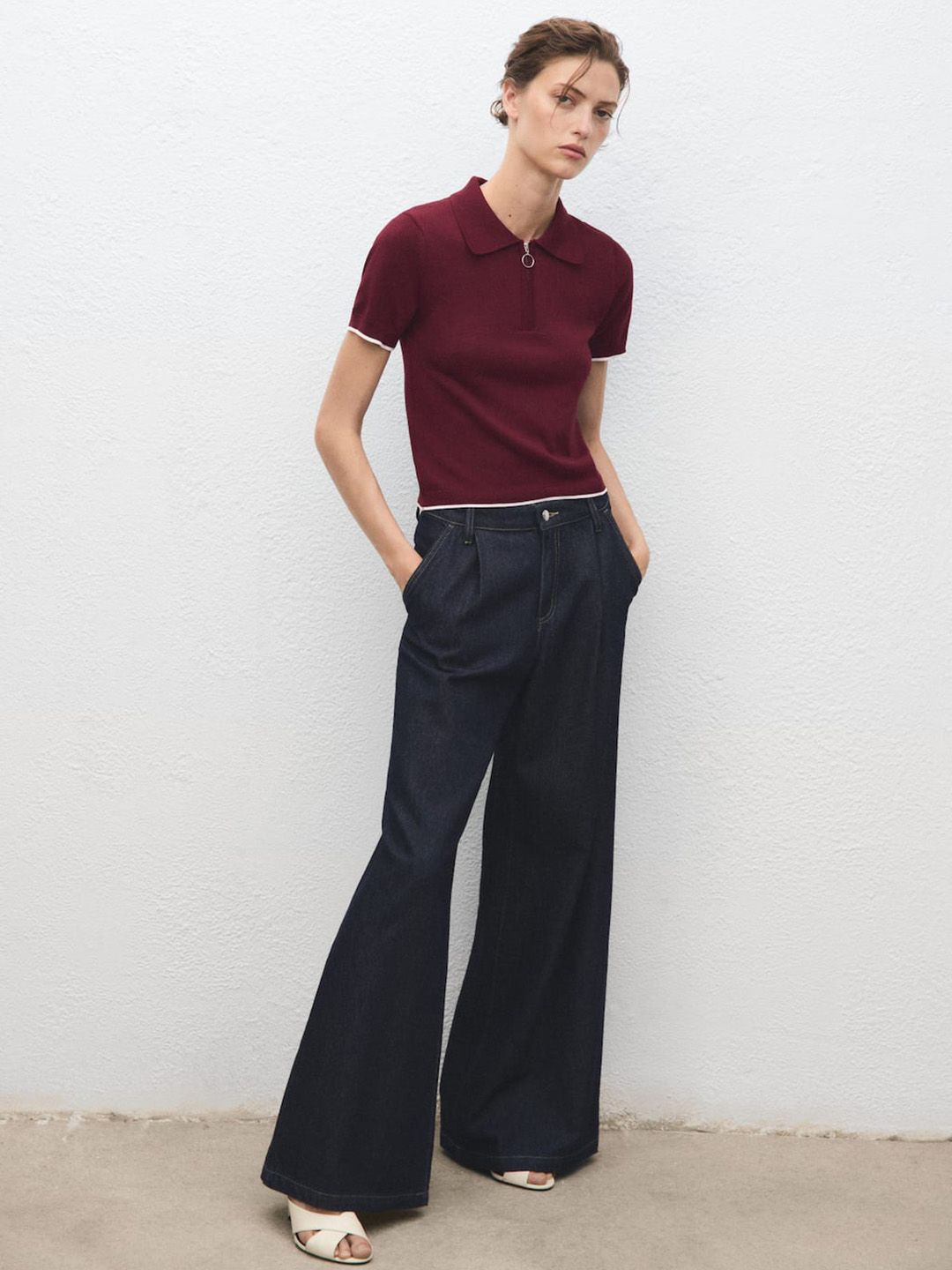 Polo Collar Contrast Trims Knitted T-shirt