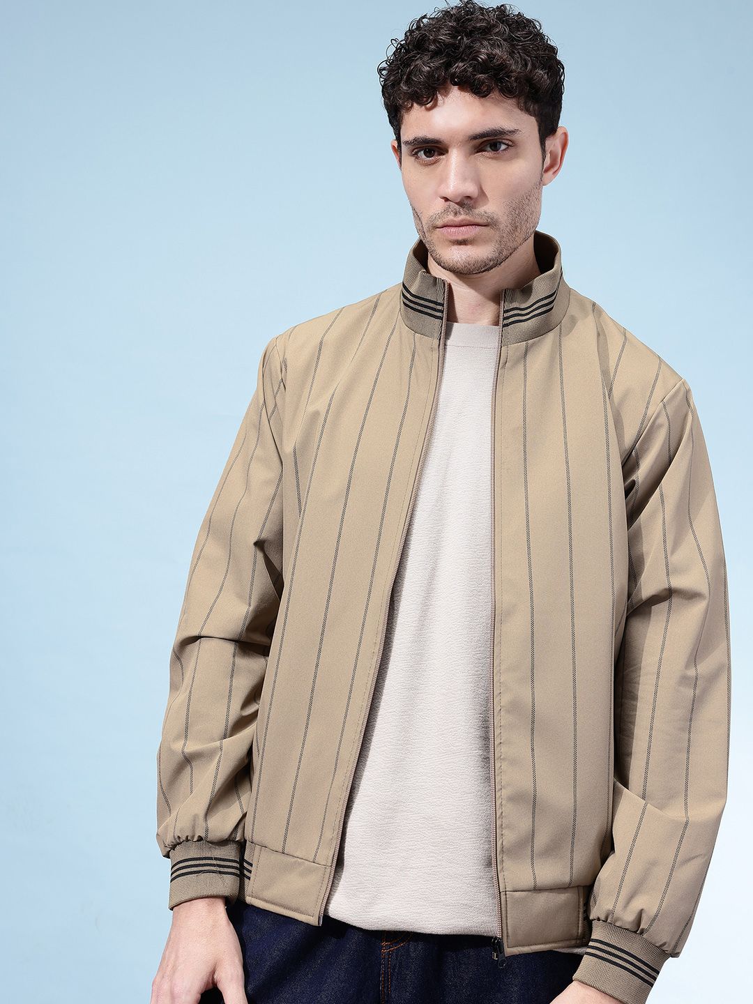 SZN Striped Mock Collar Windcheater Bomber Jacket