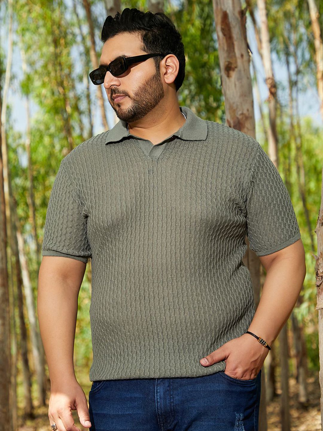 Instafab Plus Textured Polo Collar Linen T-shirt