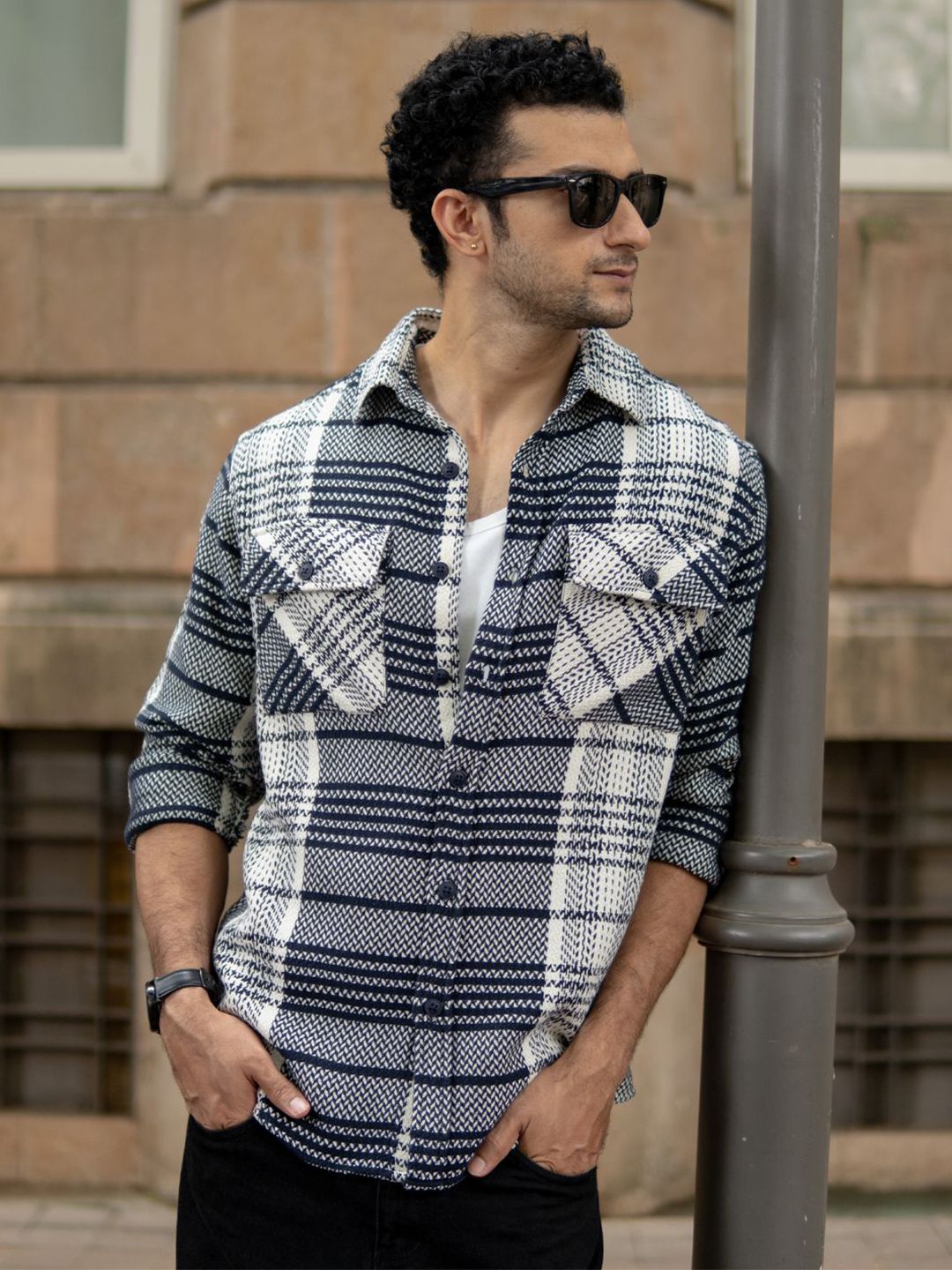 Powerlook SS25 Structured Tartan Checked Spread Collar Casual Shirt