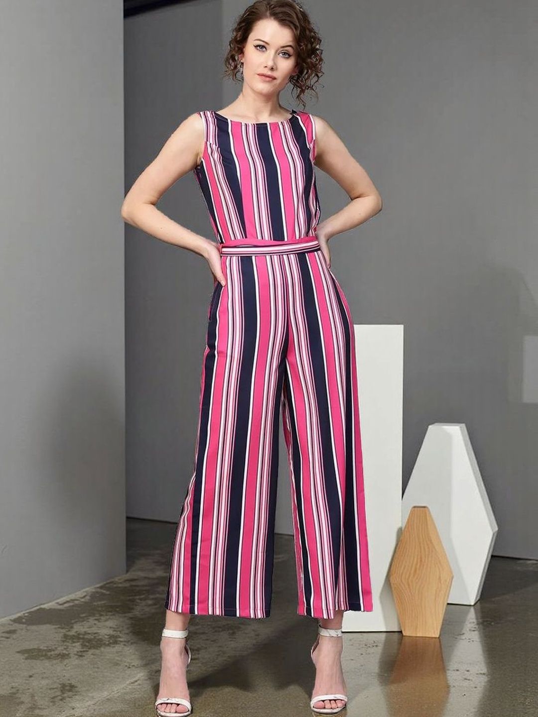Zima Leto Women Multi Colored Polyester Sleeveless Stripes Jumpsuit