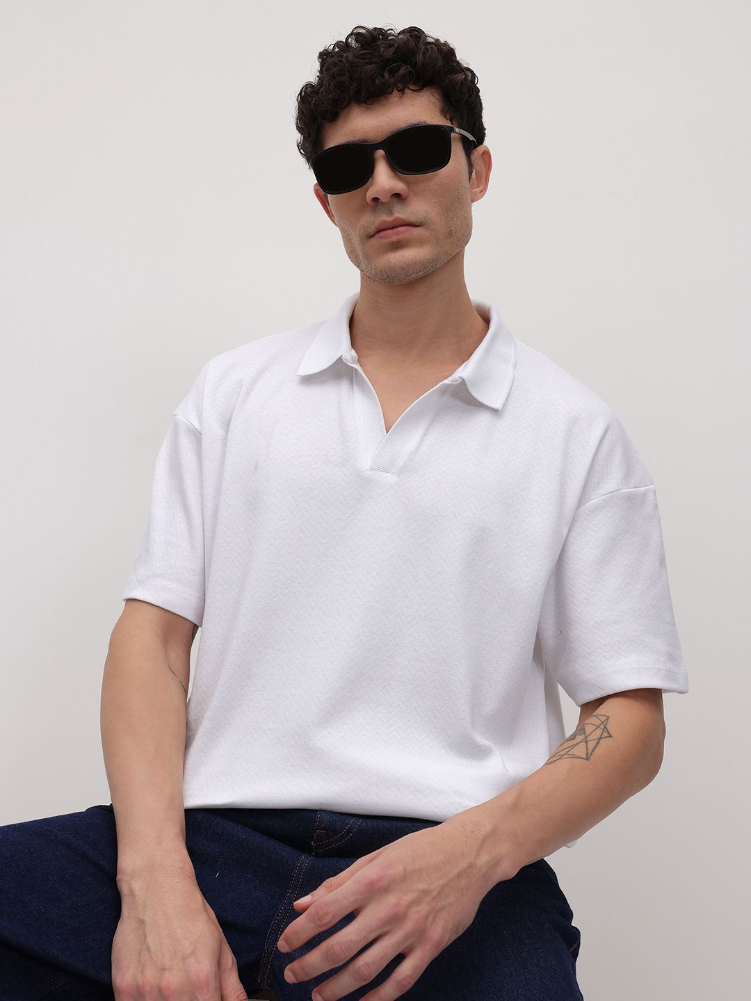 The Roadster Life Co. Self Design Polo Collar Relaxed Fit T-shirt