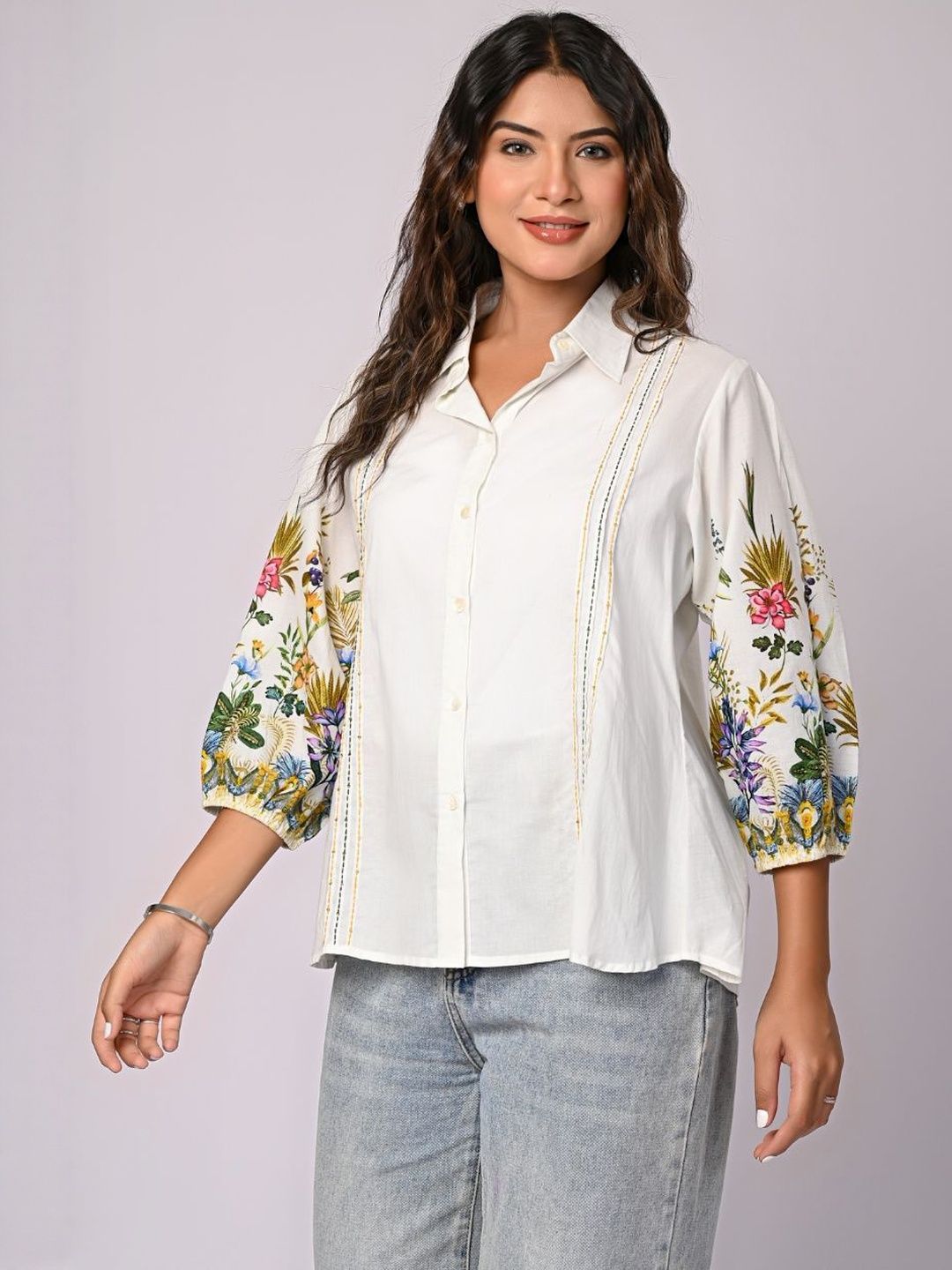 Floral Embroidered Shirt Zolo Label Floral Embroidered Puff Sleeve Cotton Shirt