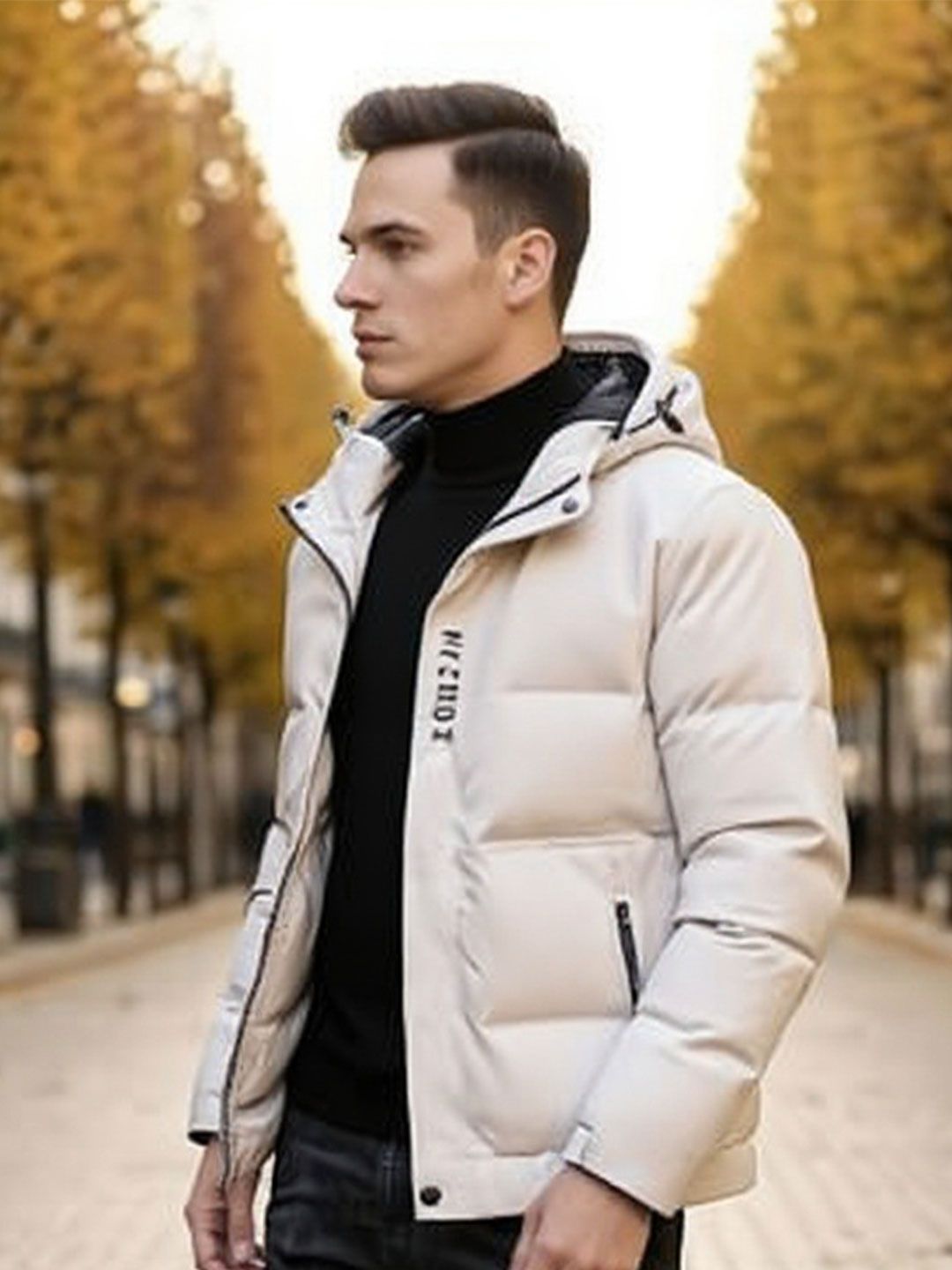 HERE&NOW Men Off-White Hooded long Sleeves Insulator Polyester Padded Jacket