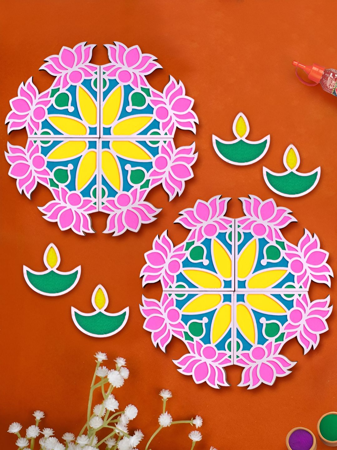 TIED RIBBONS 2 Pieces Pink & Blue Wooden Rangoli Mats With 4 Pcs Diyas