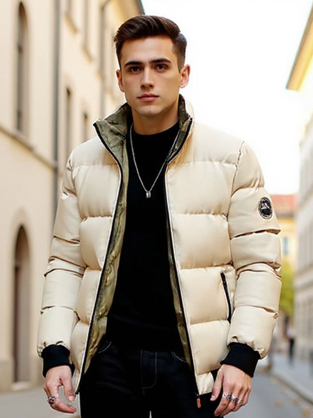 HERE&NOW Men Beige Solid Mock Collar Casual Winter Puffer jacket