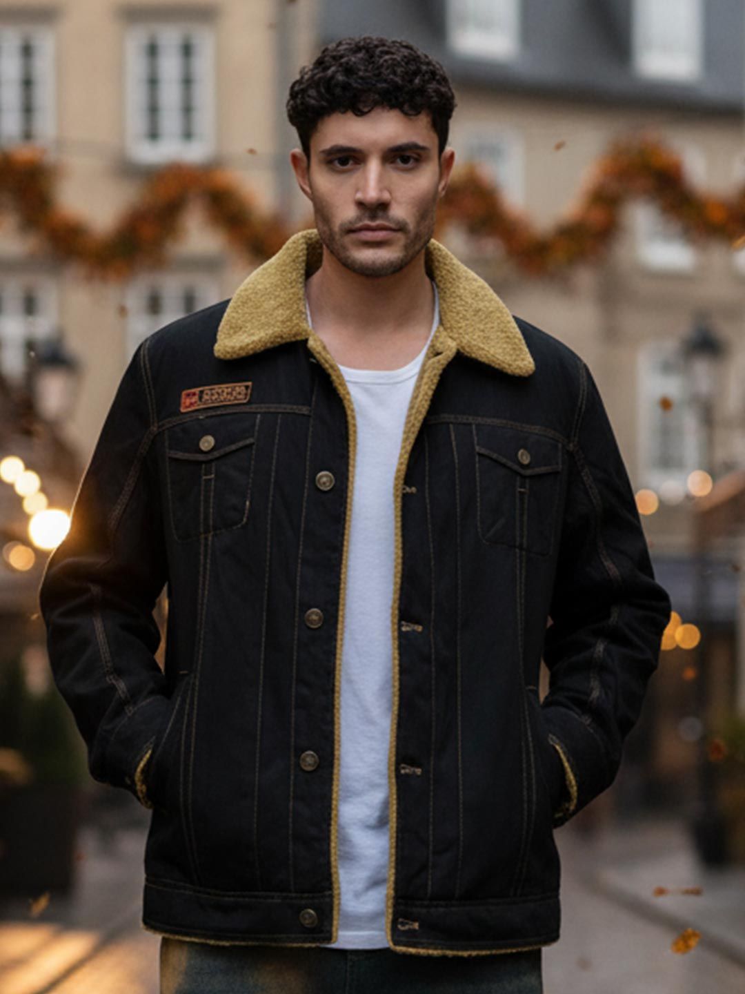 HERE&NOW Men Black Denim Solid Tailored Jacket