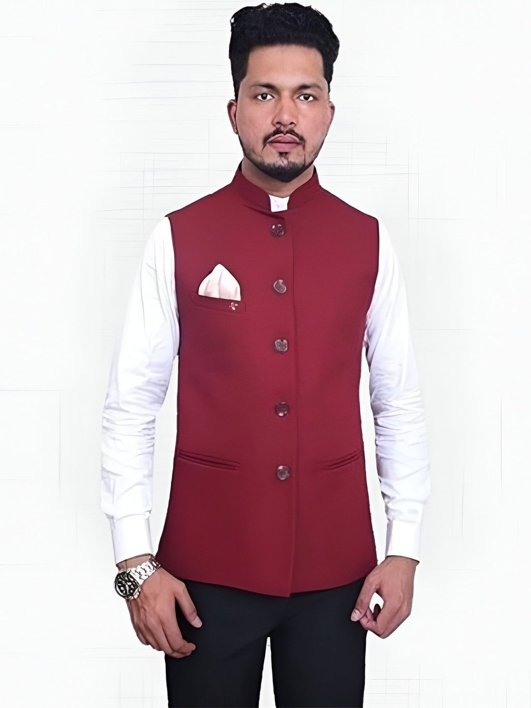RISANI Men Red Solid Pure Cotton Regular Nehru Jackets