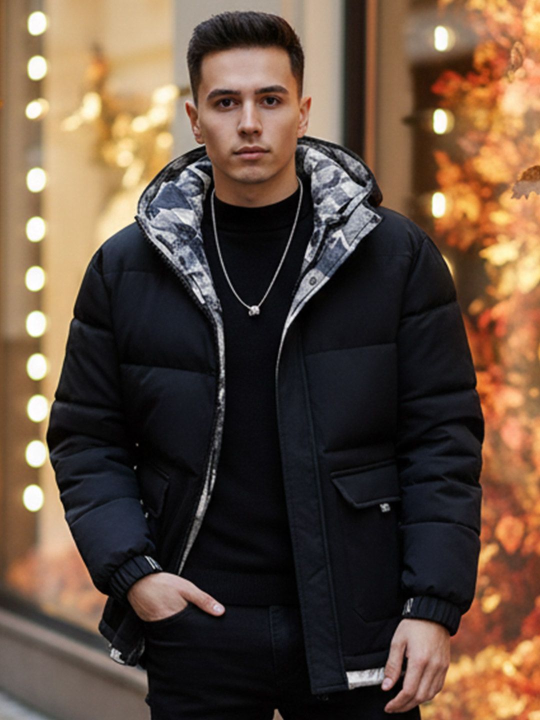 HERE&NOW Men Black Solid Mock Collar Polyester Overcoat Padded Jacket