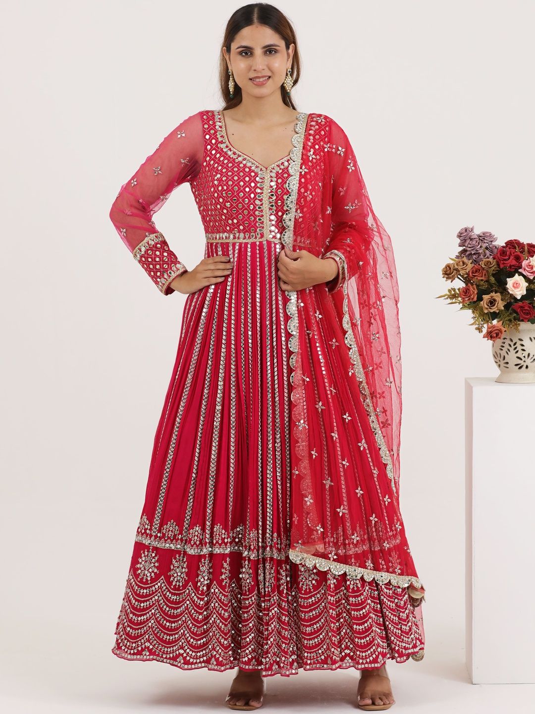 Buy SAMANT CHAUHAN Floral Embroidered High Neck Cotton Silk Fit and Flare  Maxi Ethnic Dress - Ethnic Dresses for Women 30577566 | Myntra