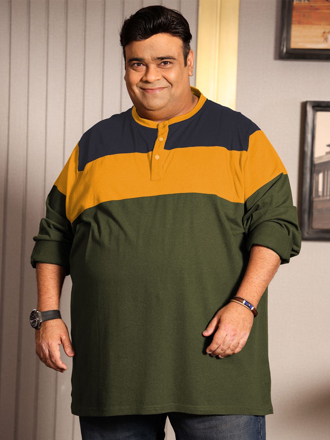 bigbanana Plus Size Men Yellow  Olive Green Colourblocked Mandarin Collar Pure Cotton T-shirt