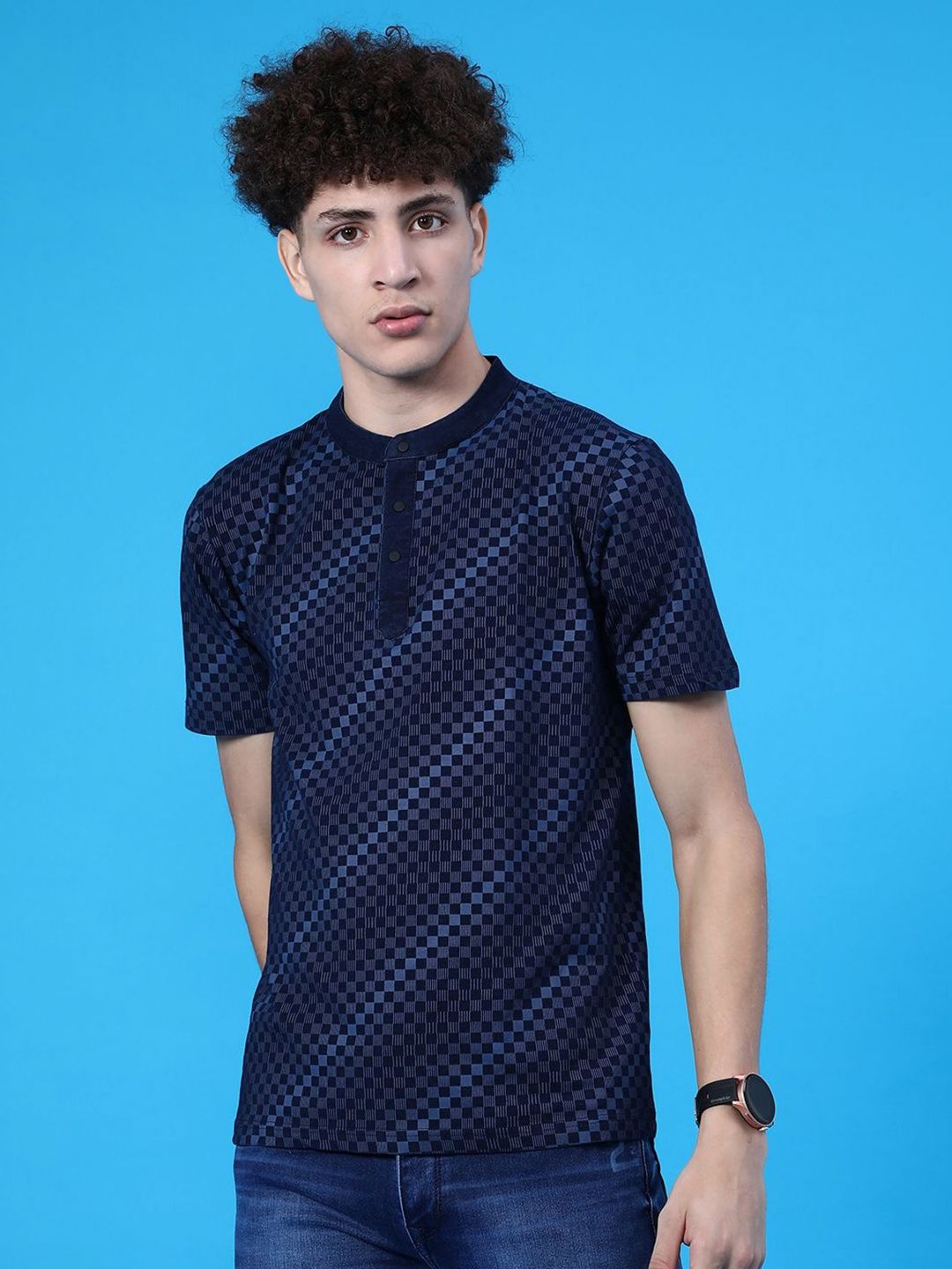 V-Mart Geometric Printed Henley Neck Cotton T-shirt