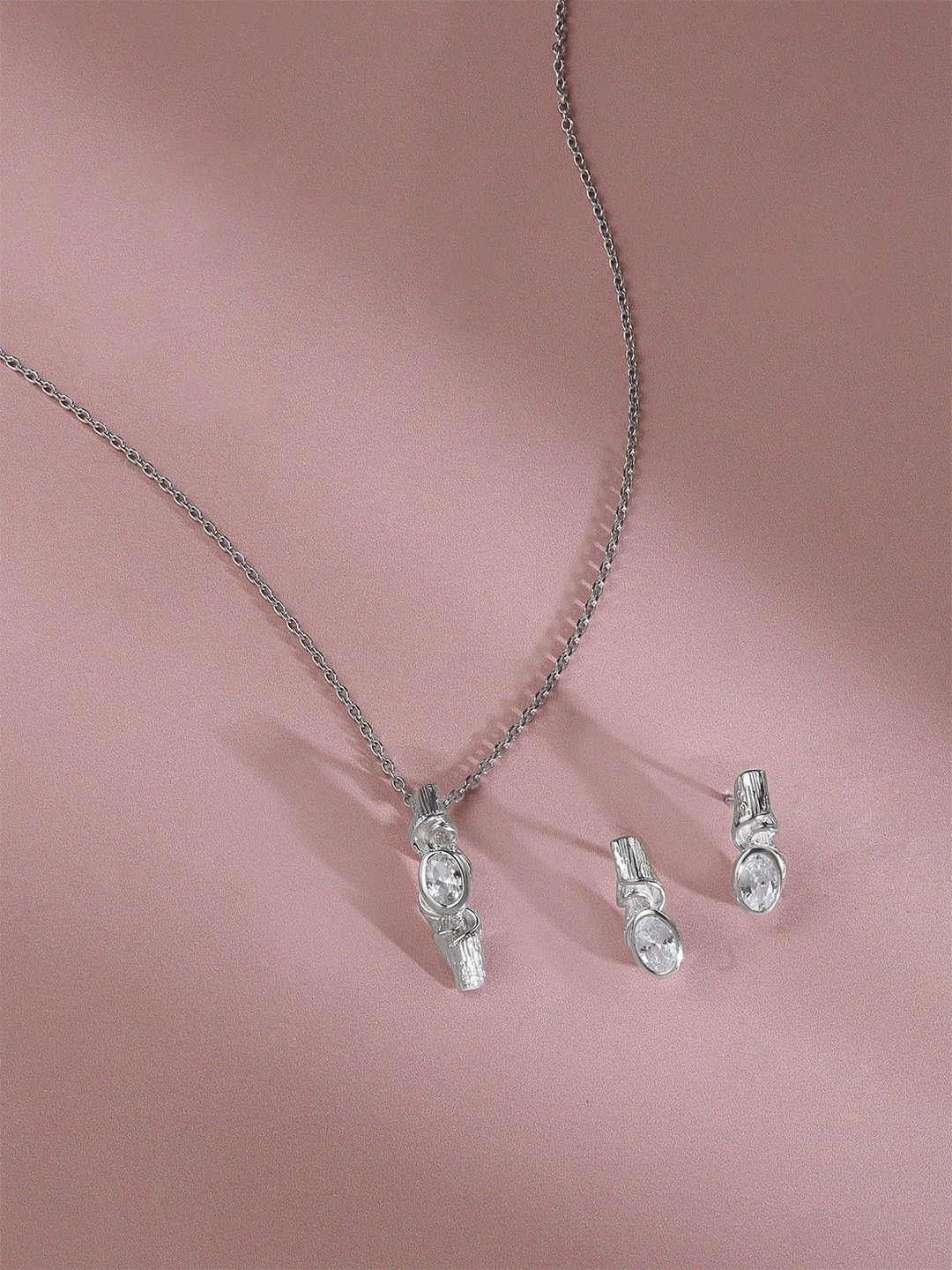 93 KT Silver Jewellery Set Mia by Tanishq Twisted Bold 93 KT Silver Cubic Zirconia Studded Earrings And Necklace