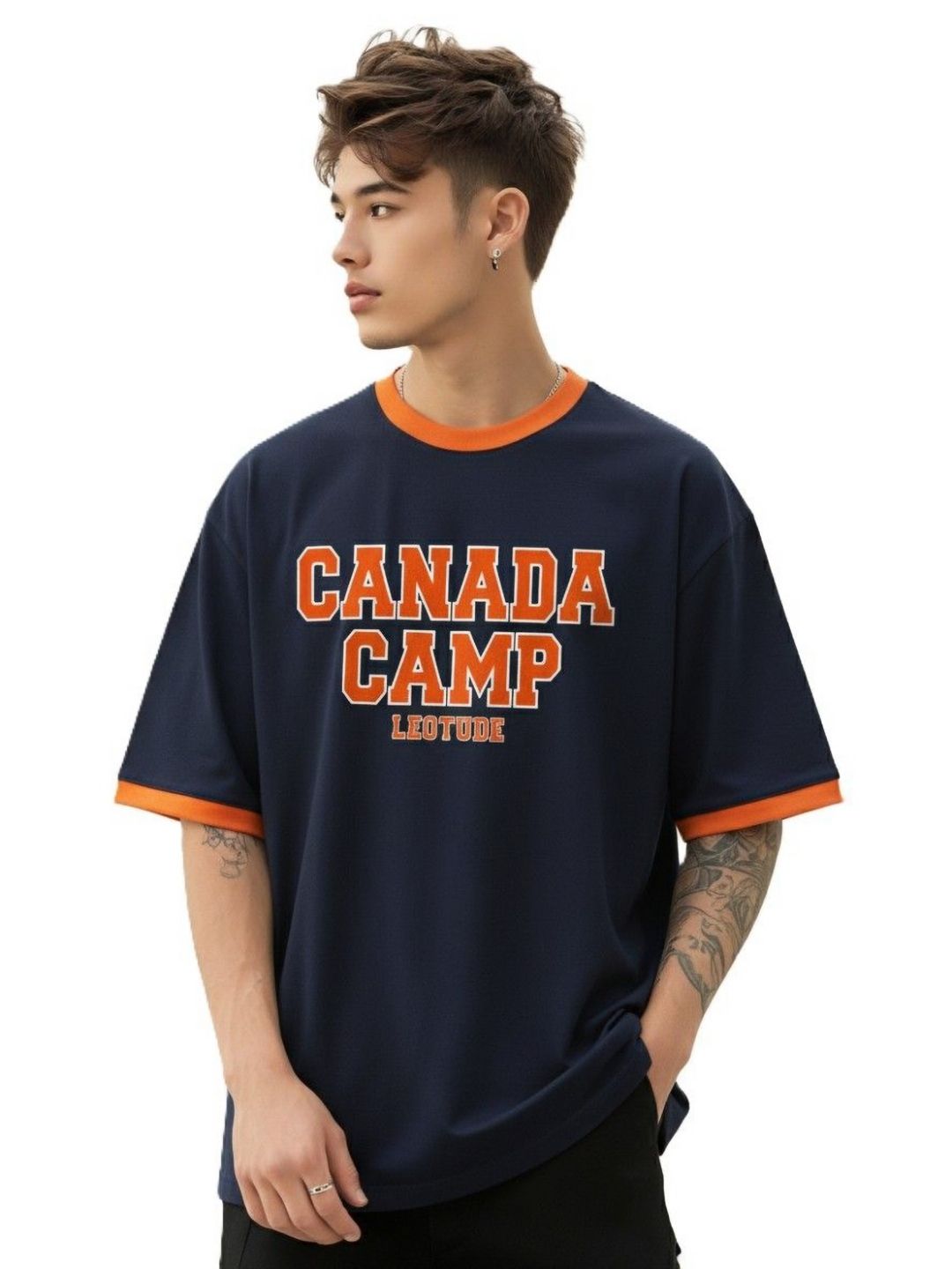 Leotude Typography Printed Round Neck Drop-Shoulder Sleeves Oversized T-shirt